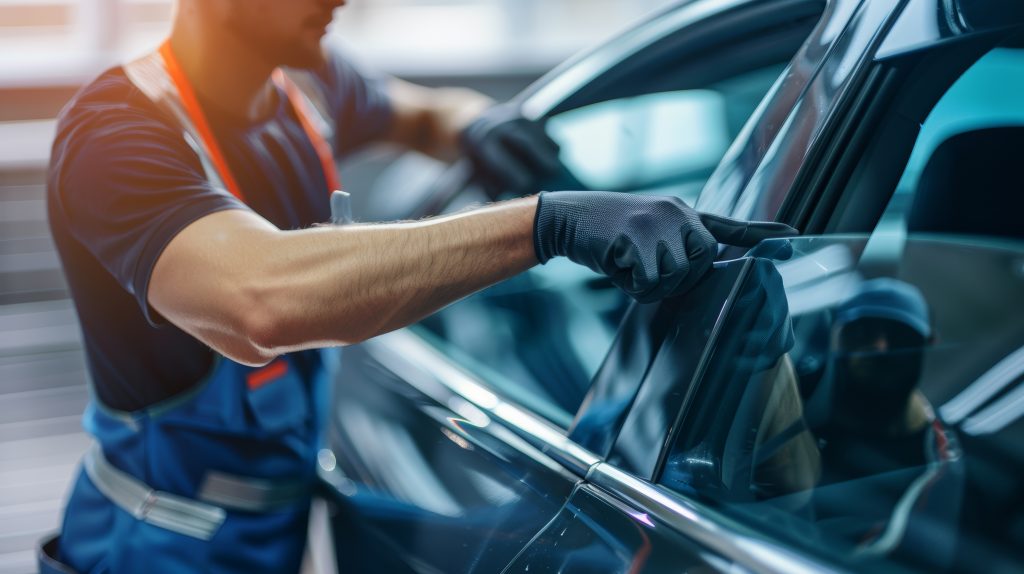 Notverglasung eines Autos in der Werkstatt Techniker bei der Notverglasung eines Autos nach einem Einbruchsschaden