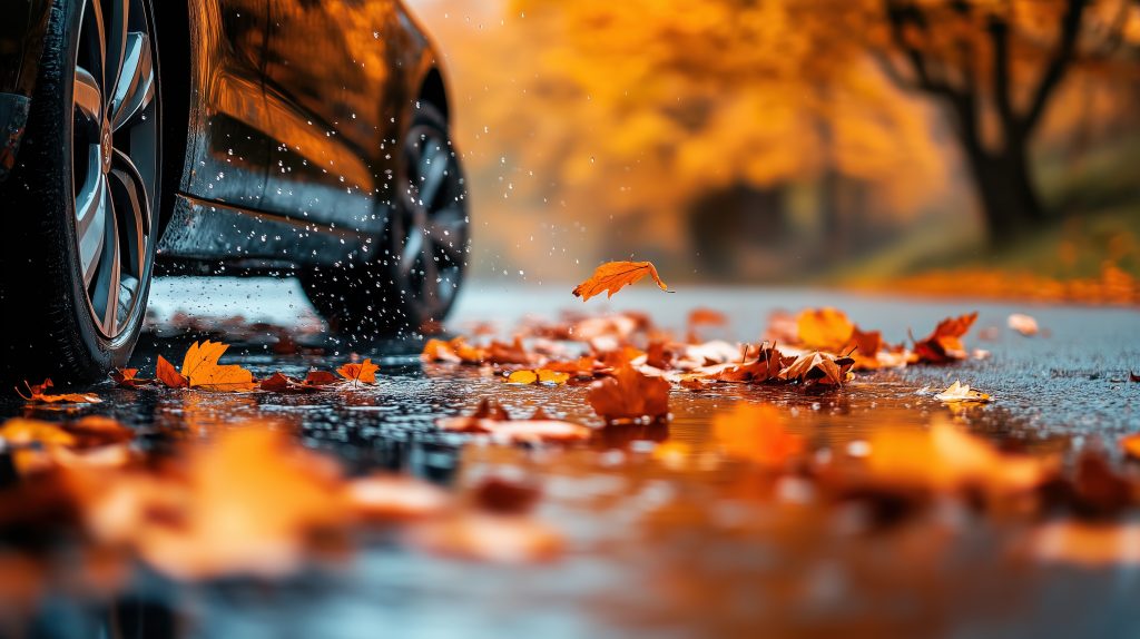 Mobiler Vor-Ort Autoglas-Service Auto im Regen mit herabfallenden Blättern, symbolisiert mobilen Vor-Ort Autoglas-Service